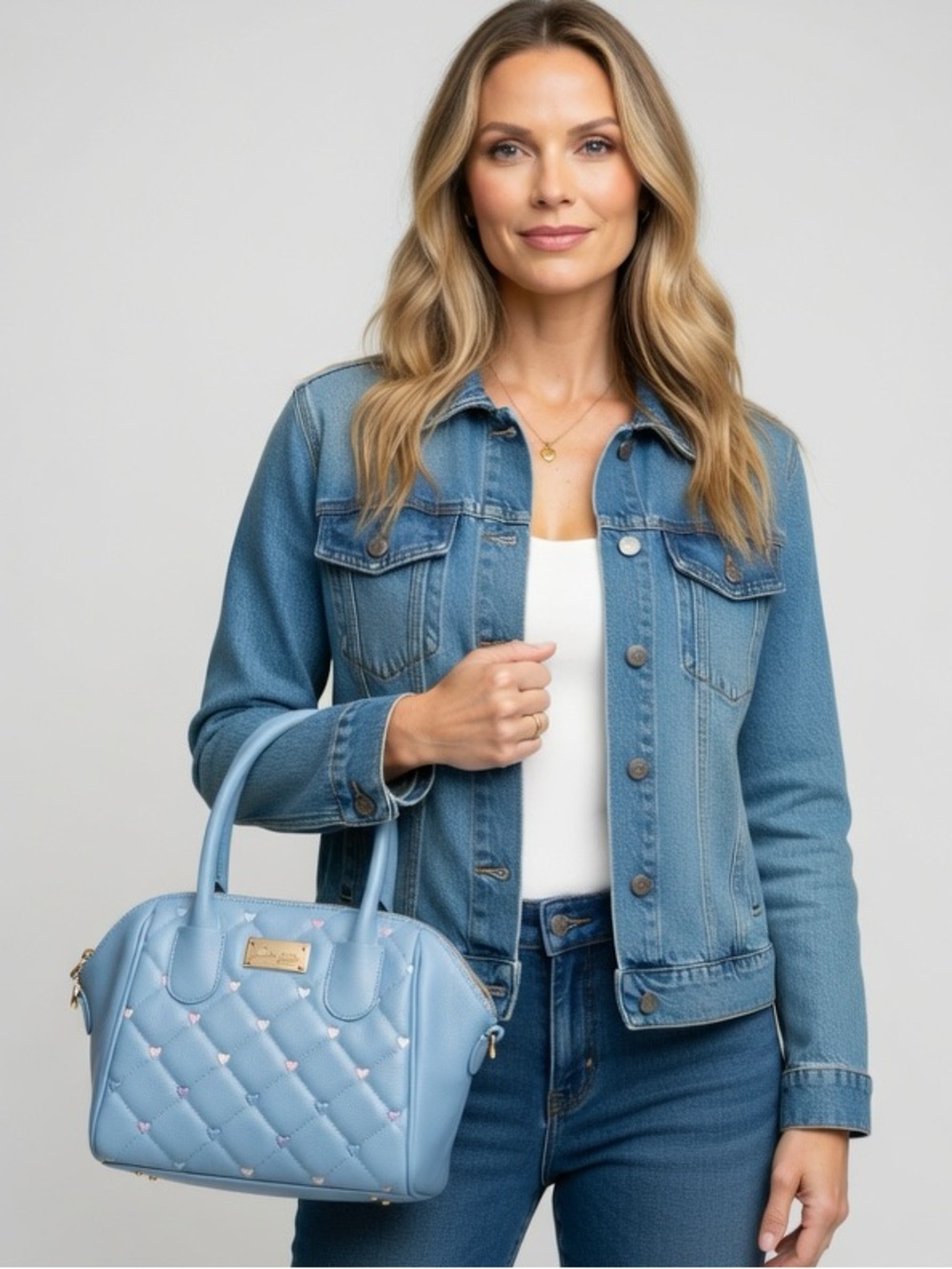 Betsy Johnson Quilted Indigo Embroidered Heart Light Blue Satchel Handbag Purse
